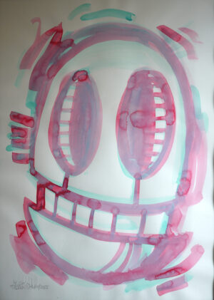 Oibot Head blue read – acrylics on paper A2 2022-Edit