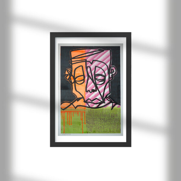 Color Flattop Head No4 on paper, mixed media acrylics and oil crayon – 2023 frame